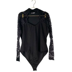 Boohoo Womans Plus Size Black Bodysuit with Lace Sleeves US 16 – (21)‎